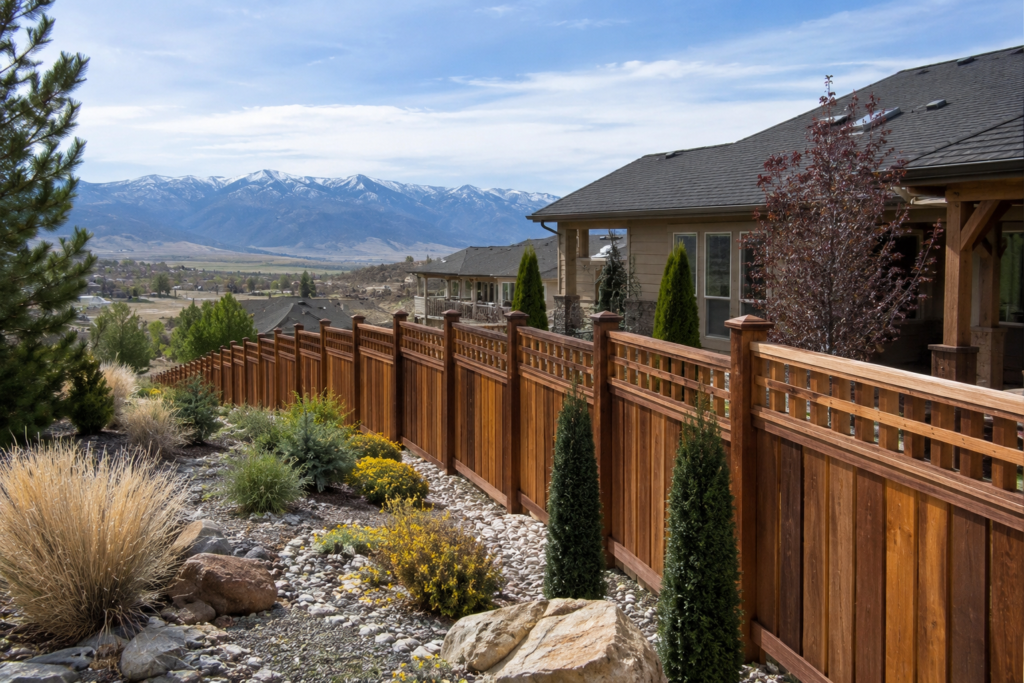 Wood fence with redwood picket installed in a Vista del Lago, NV backyard with Sierra Nevada mountain views