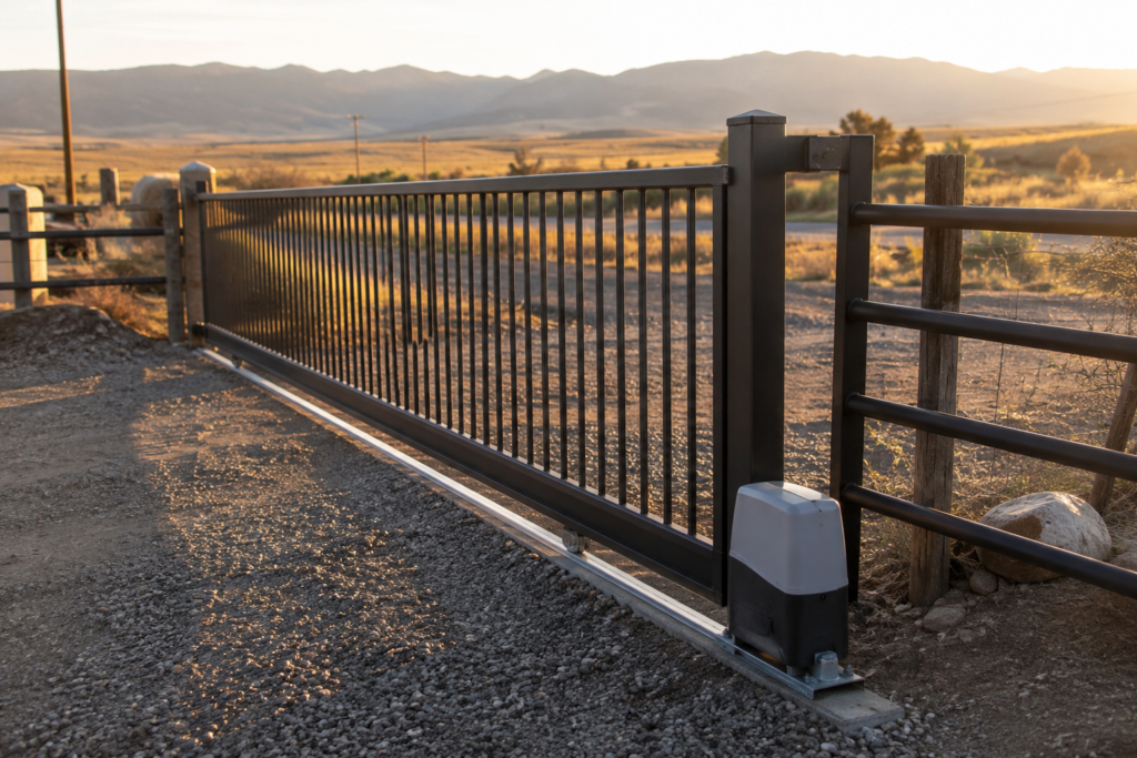 Metal sliding driveway gate installed on a rural Verdi, NV property